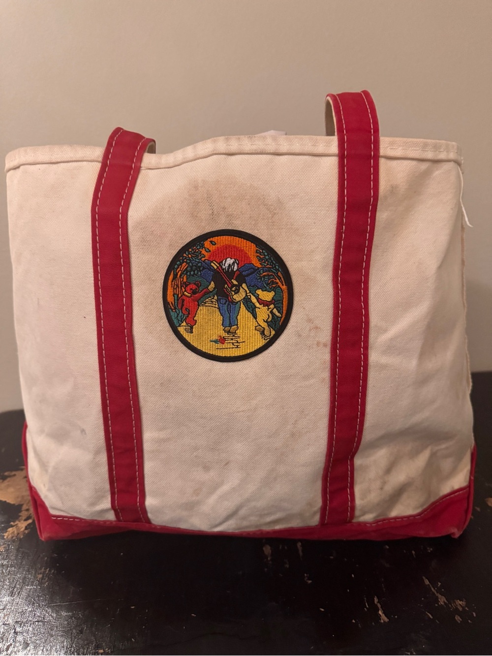 L.L. Bean Cream Canvas Tote with Red Straps and Patch
